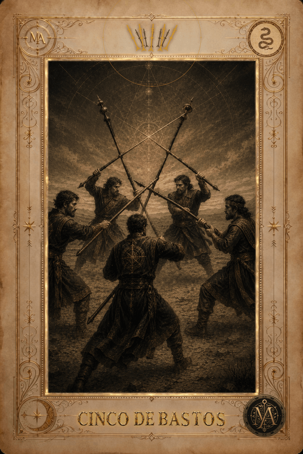 Cinco de Bastos — Tarot Marcelo Arkan