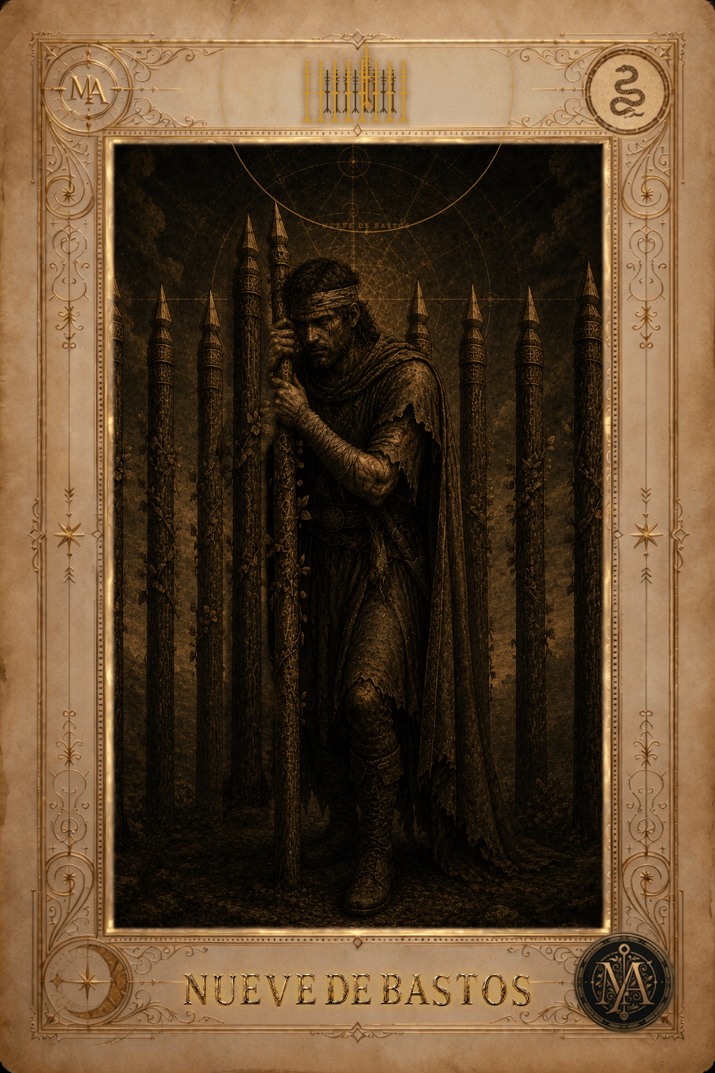 Nueve de Bastos — Tarot Marcelo Arkan