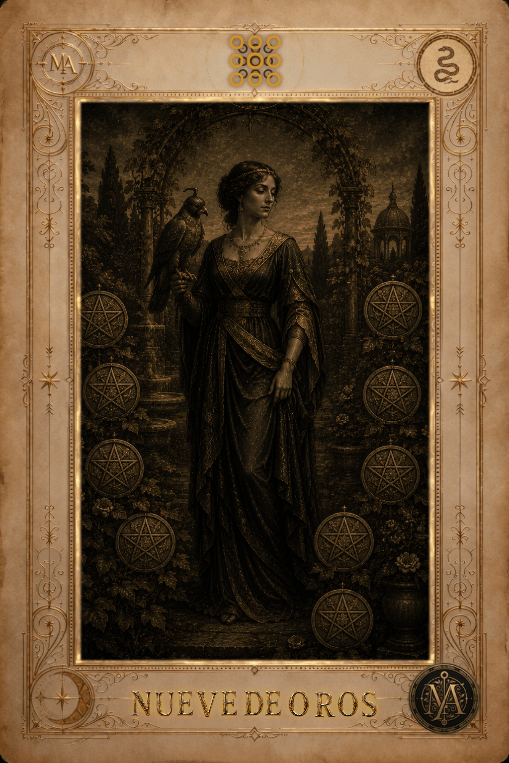 Nueve de Oros — Tarot Marcelo Arkan