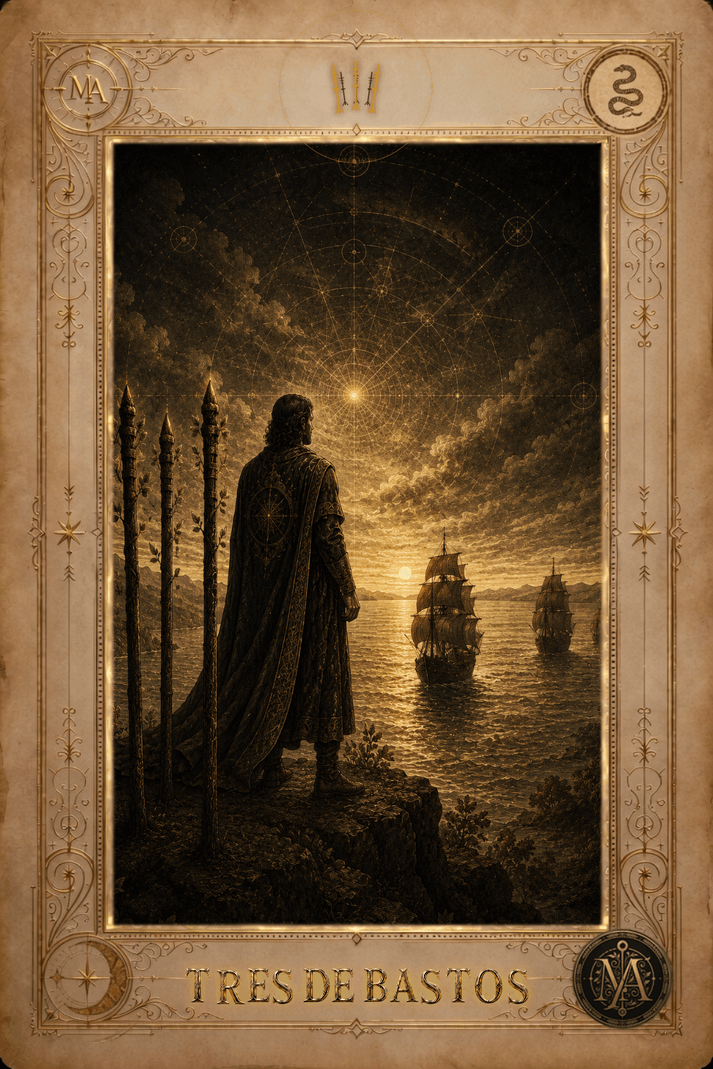 Tres de Bastos — Tarot Marcelo Arkan