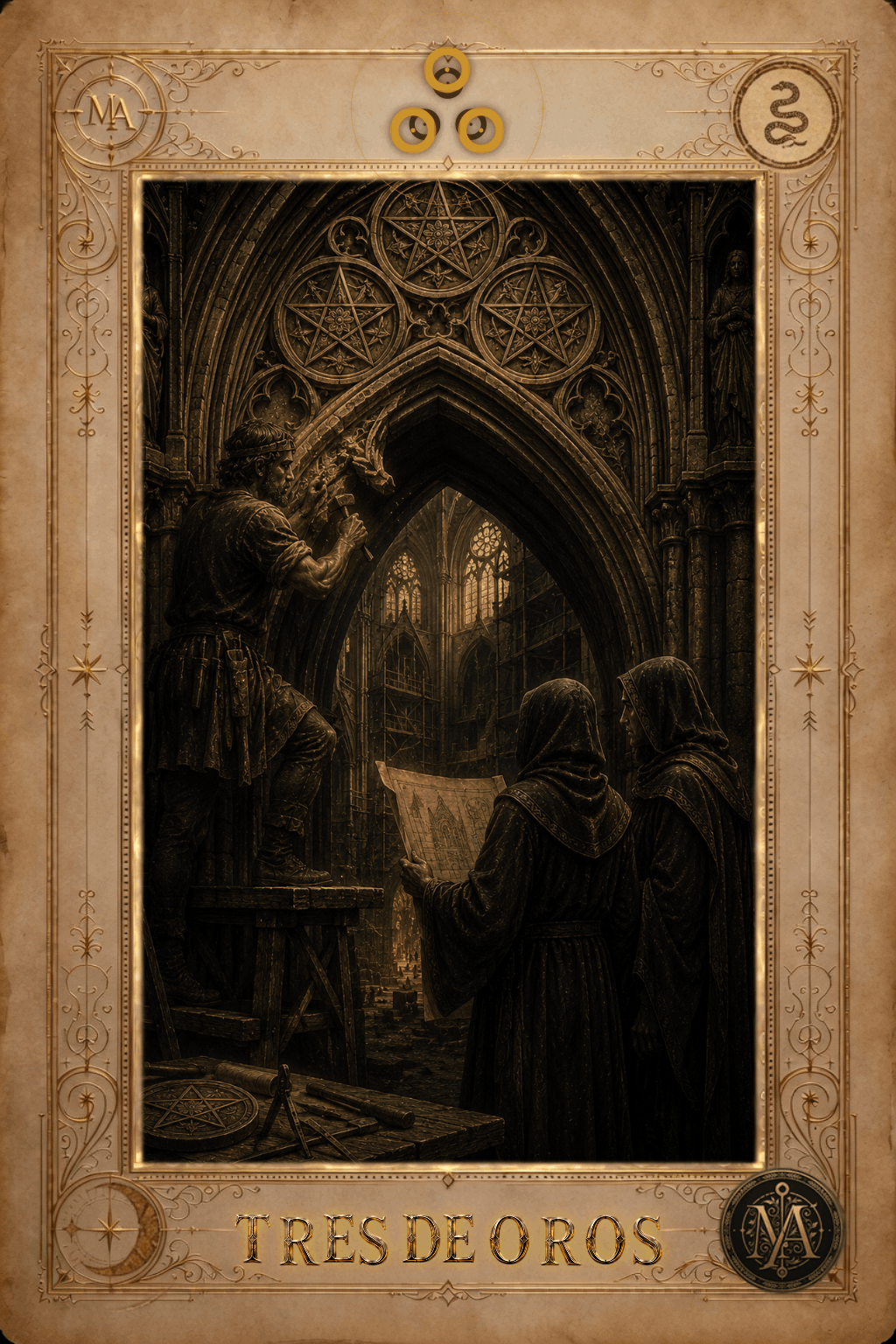 Tres de Oros — Tarot Marcelo Arkan