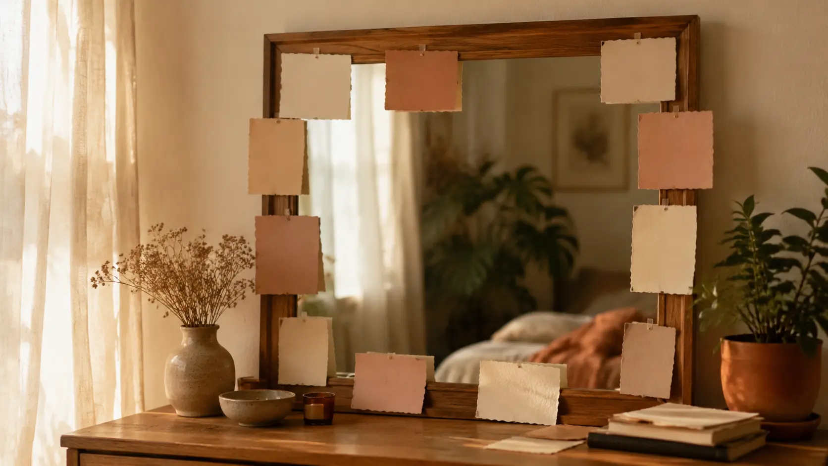 Espejo cubierto de notas de papel con afirmaciones, sobre un tocador de madera con plantas y luz cálida