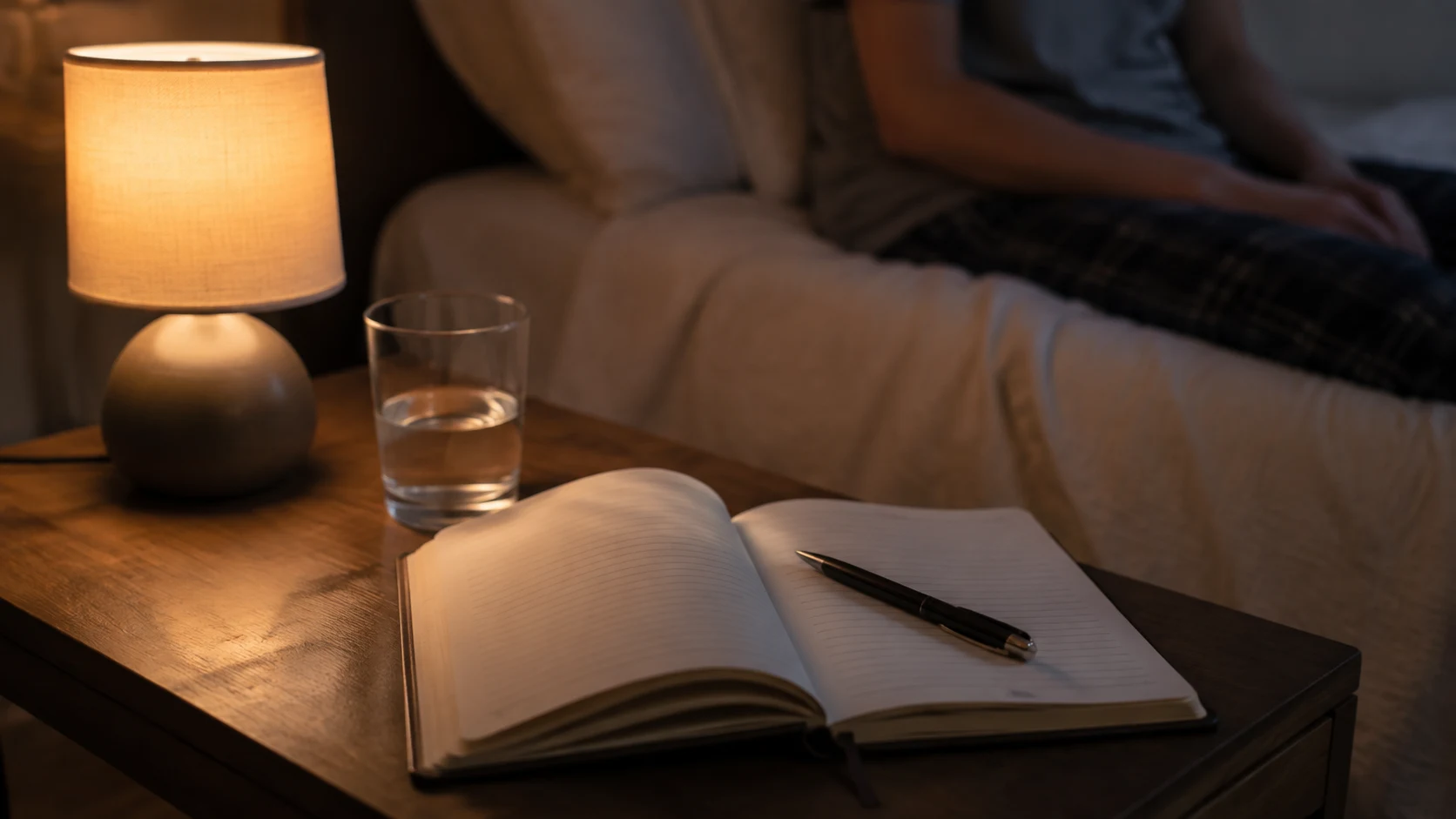 Cuaderno y pluma en una mesita de noche para practicar afirmaciones y visualización sobre dinero.