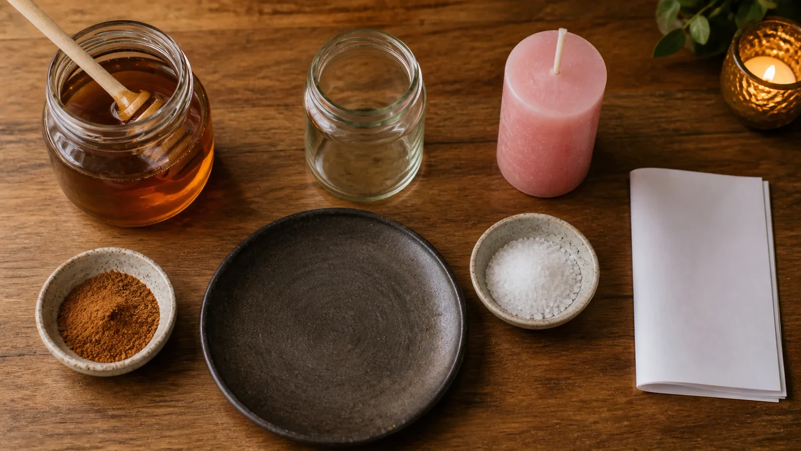 Materiales caseros para un amarre de amor con frasco, miel, vela rosa, canela y sal gruesa.
