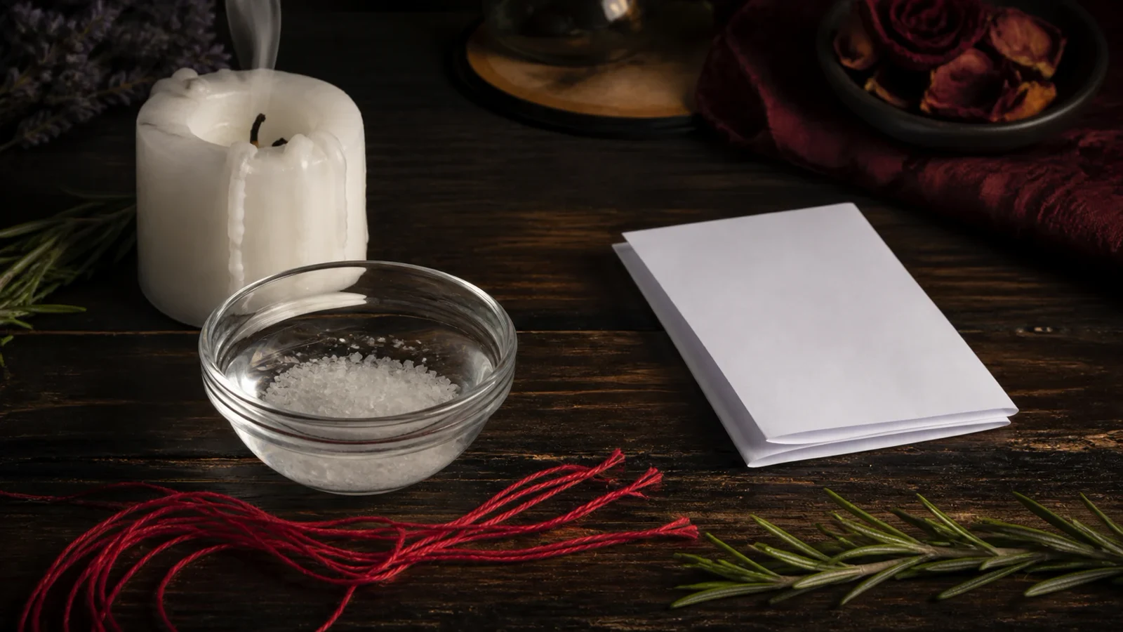 Materiales ordenados para deshacer un amarre de amor con agua salada, vela apagada e hilo cortado.
