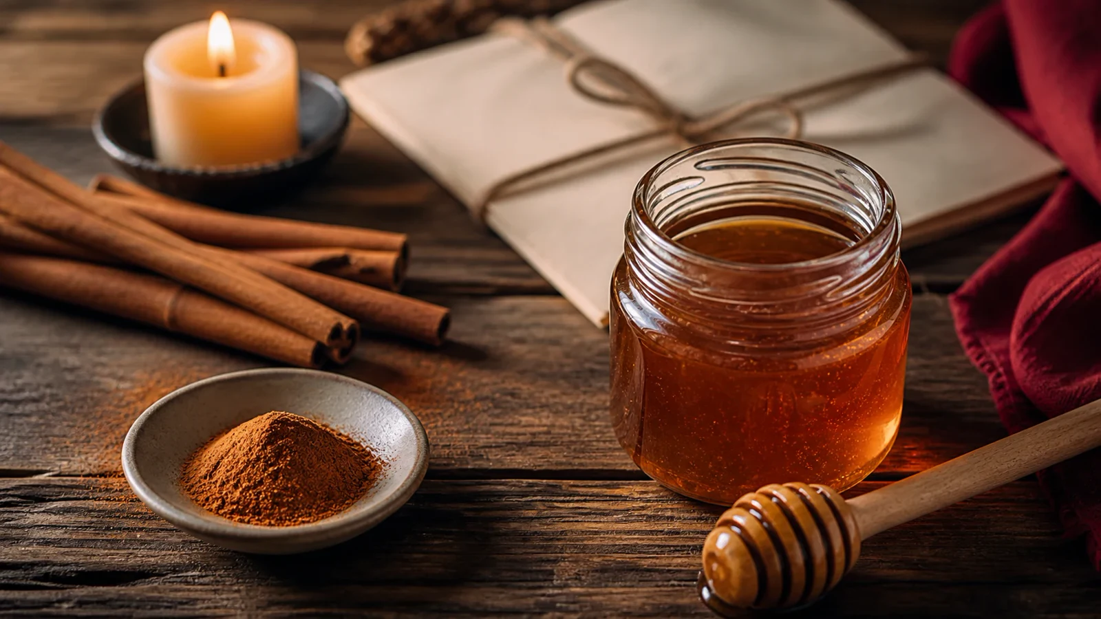 Frasco de miel, canela y vela pequeña para un ritual tradicional de amarre amoroso.