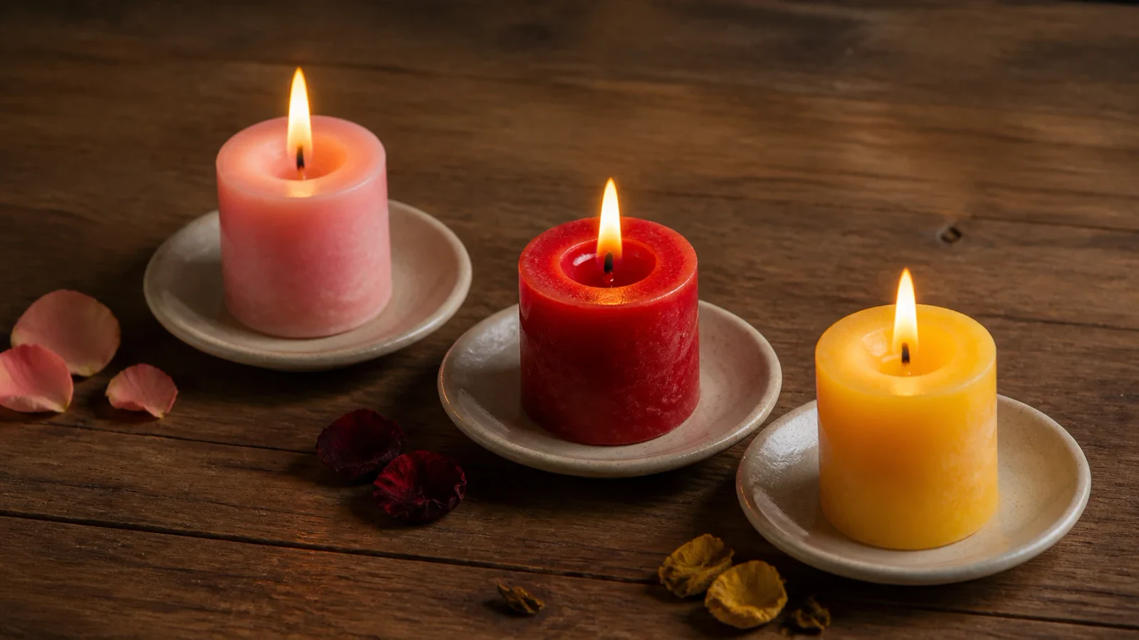 Tres velas rosa, roja y amarilla preparadas para rituales de amor según su intención.