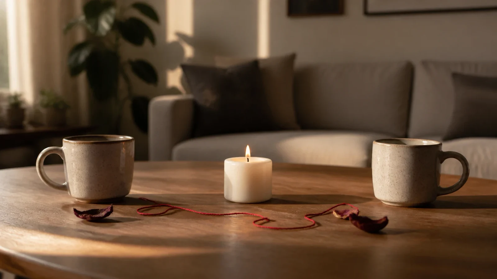 Dos tazas separadas con una vela blanca e hilo rojo suelto como símbolo de reconciliación prudente.