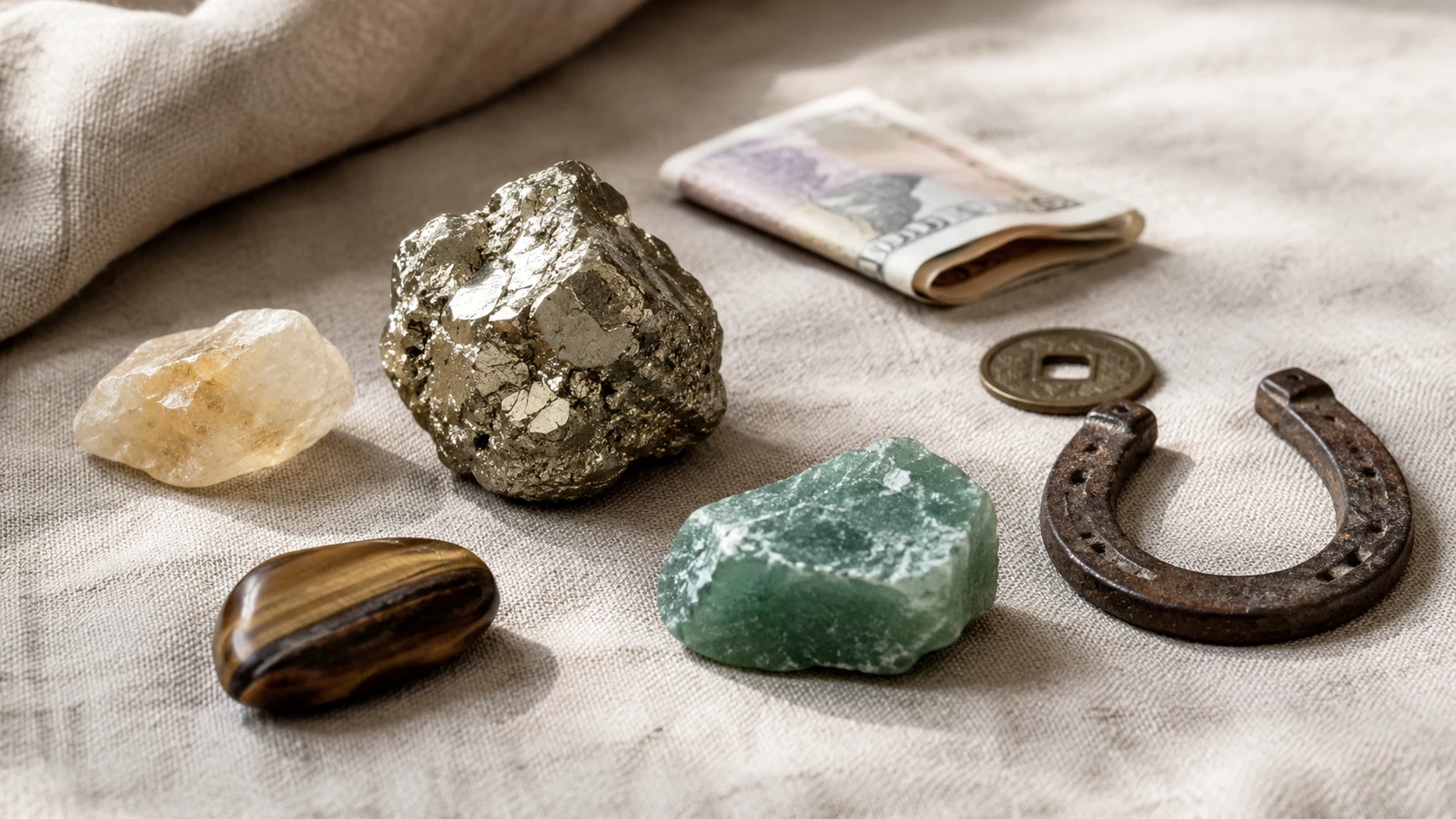 Pirita, citrino, aventurina, ojo de tigre, moneda y herradura como amuletos de dinero.