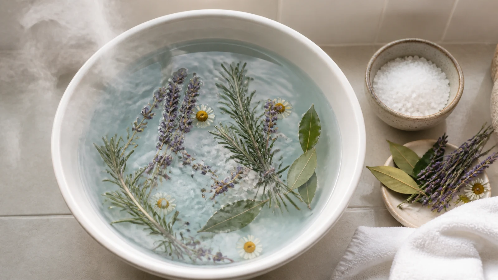 Sales y hierbas preparadas junto a agua tibia para un baño de desapego y limpieza energética.