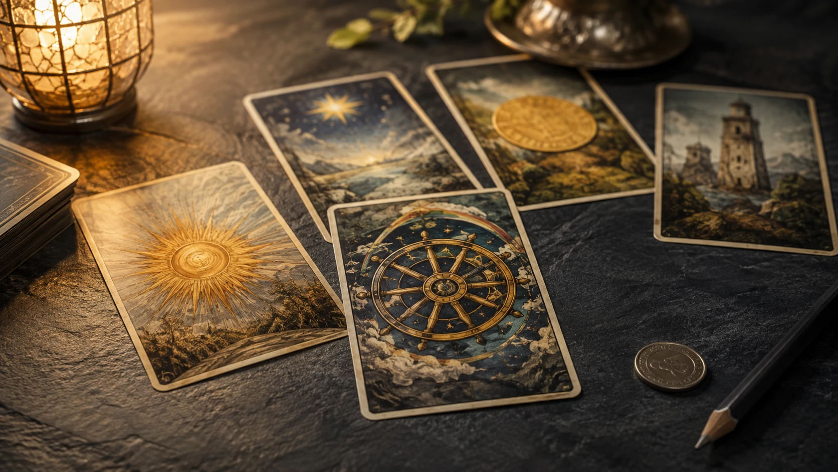 Tirada de tarot con símbolos de rueda, sol, estrella y moneda para consultar suerte en juegos de azar.