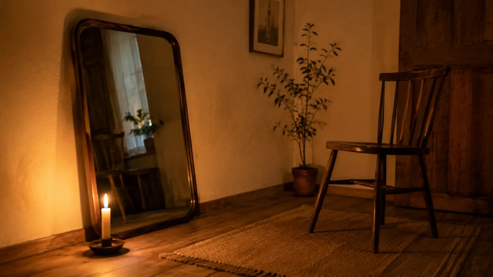 Espejo antiguo apoyado contra la pared con una vela encendida junto a una silla vacía en una habitación cálida