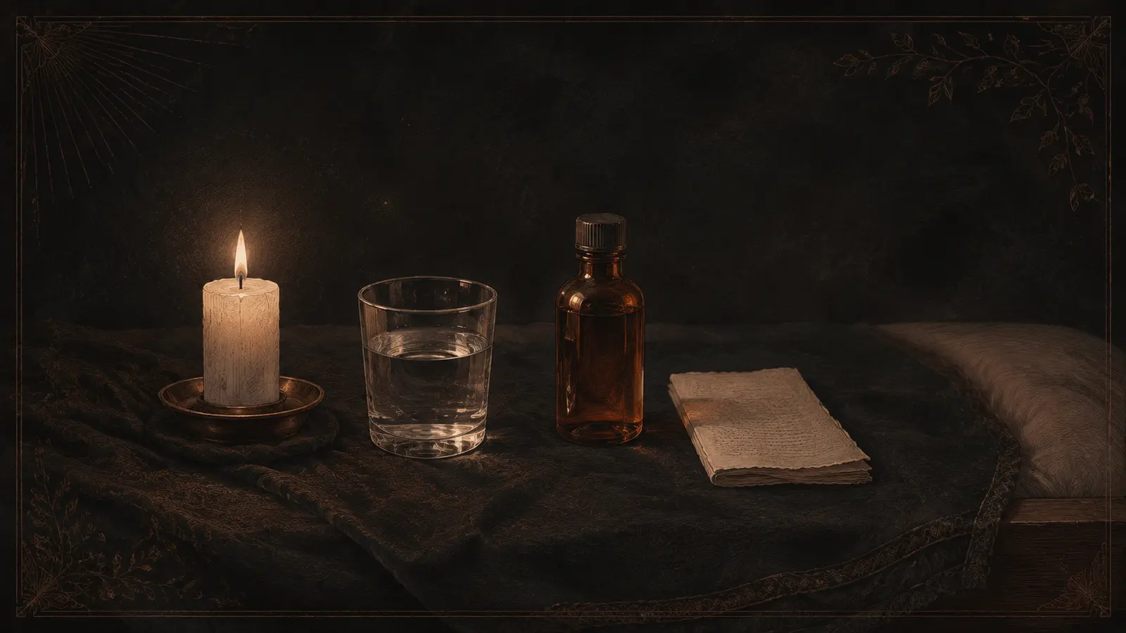 Vela blanca, aceite y papel de intención preparados para un primer ritual erótico sencillo.