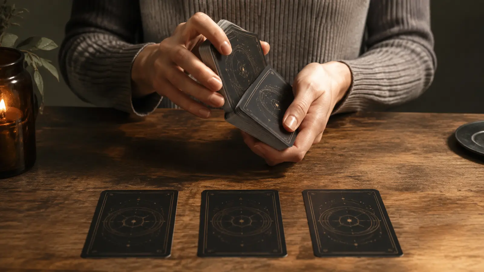 Manos barajando un mazo de cartas de tarot con tres cartas colocadas boca abajo sobre la mesa