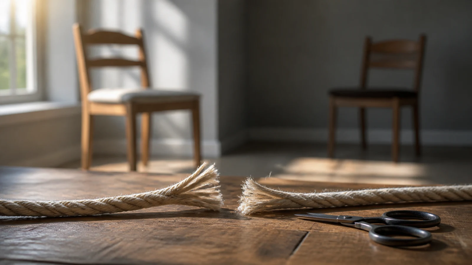 Cordón natural cortado con tijeras entre dos sillas para representar el corte de cordones energéticos.