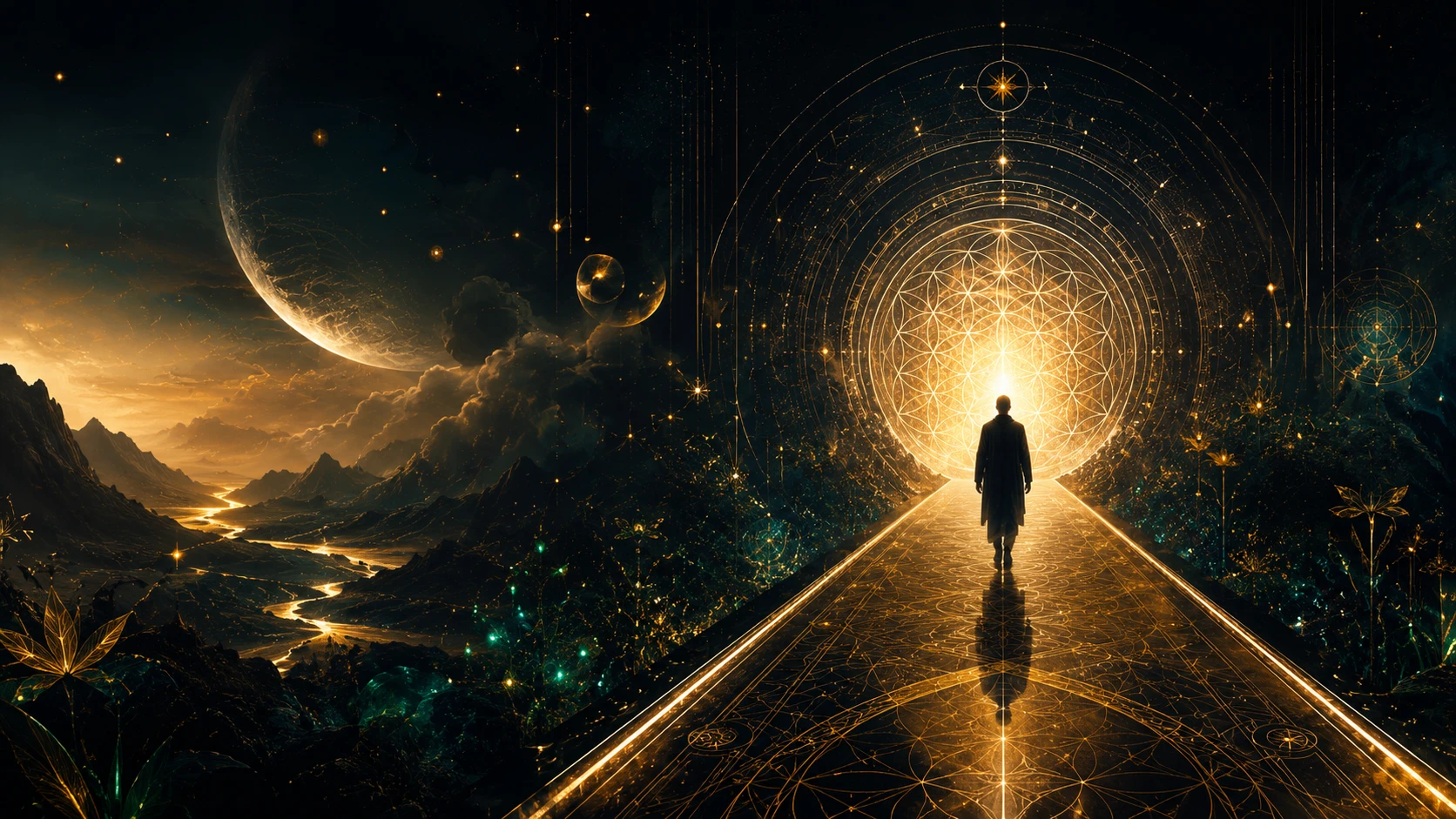 Silueta caminando hacia un portal de luz dorada con geometría sagrada, luna y montañas, símbolo del camino de vida espiritual