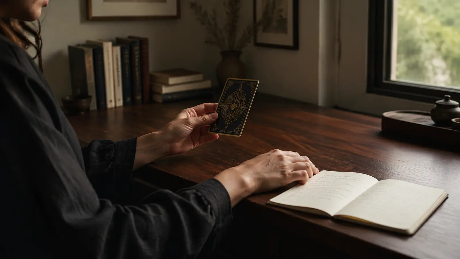 Persona sosteniendo una carta de tarot mientras escribe en un cuaderno junto a una ventana con luz natural