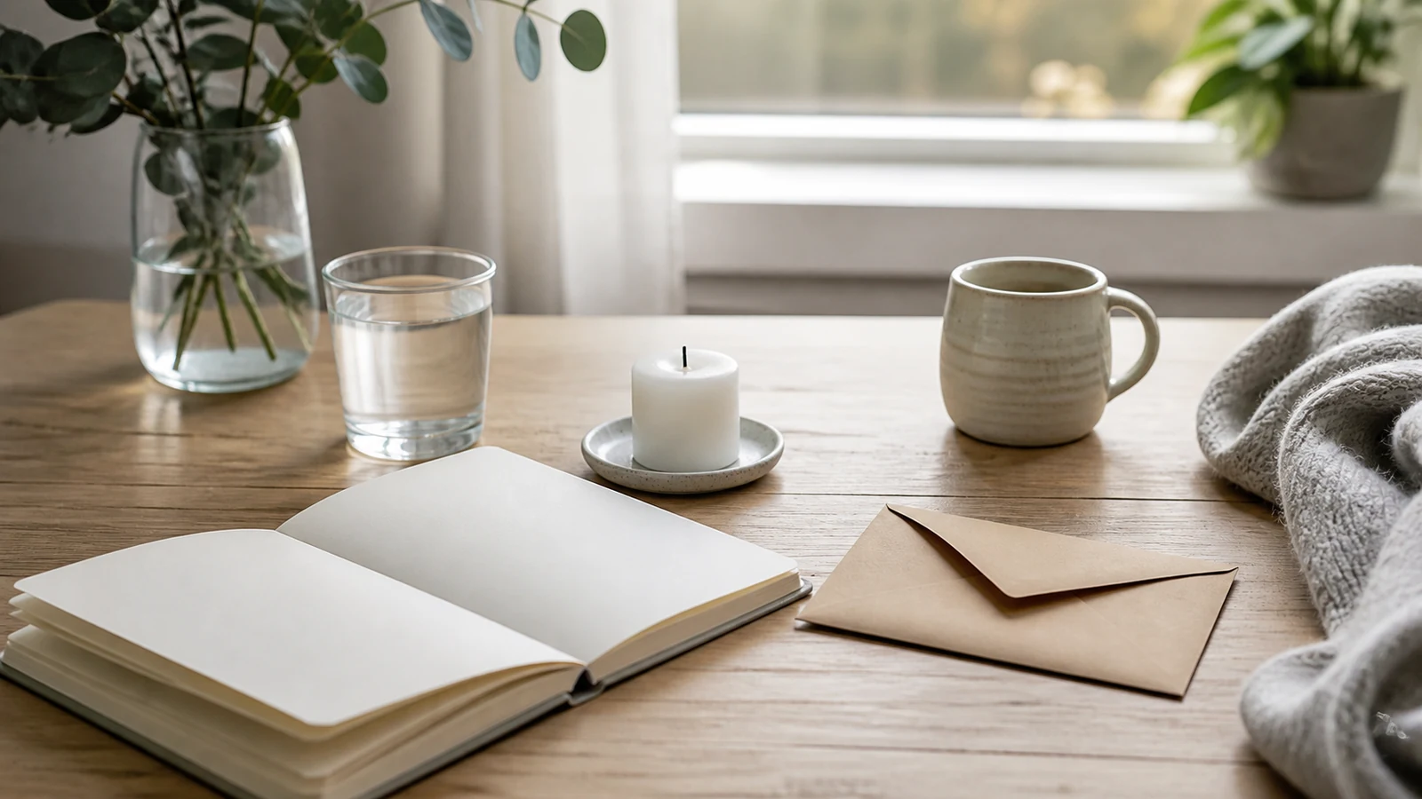 Cuaderno, vaso de agua y vela blanca sobre una mesa como cuidados después de un ritual de desapego.
