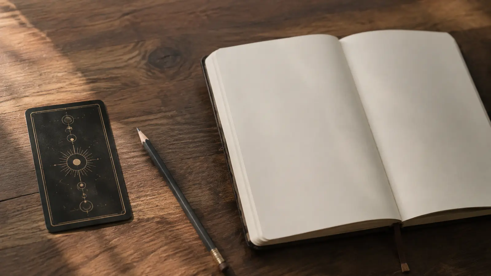 Cuaderno abierto junto a una carta de tarot con símbolos celestiales y un lápiz sobre una mesa de madera