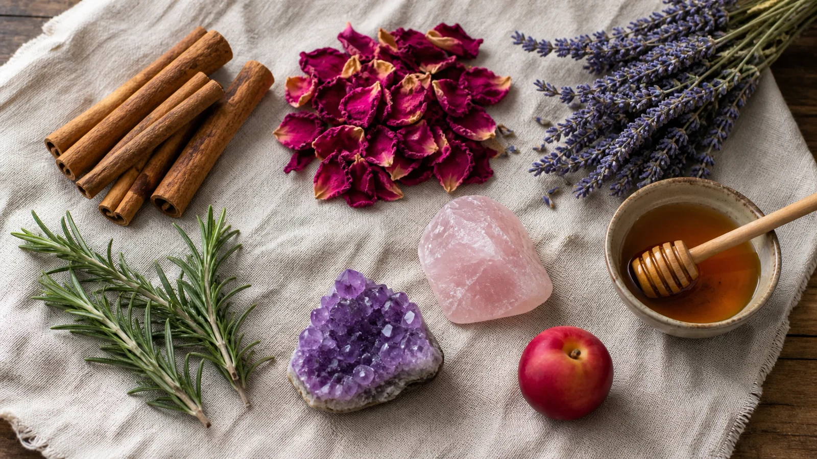 Hierbas, cristales, canela, pétalos y fruta dulce usados como elementos naturales para amarres de amor.