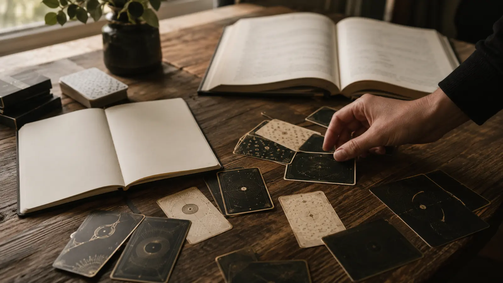 Mano colocando cartas de tarot desordenadas sobre una mesa junto a un libro abierto