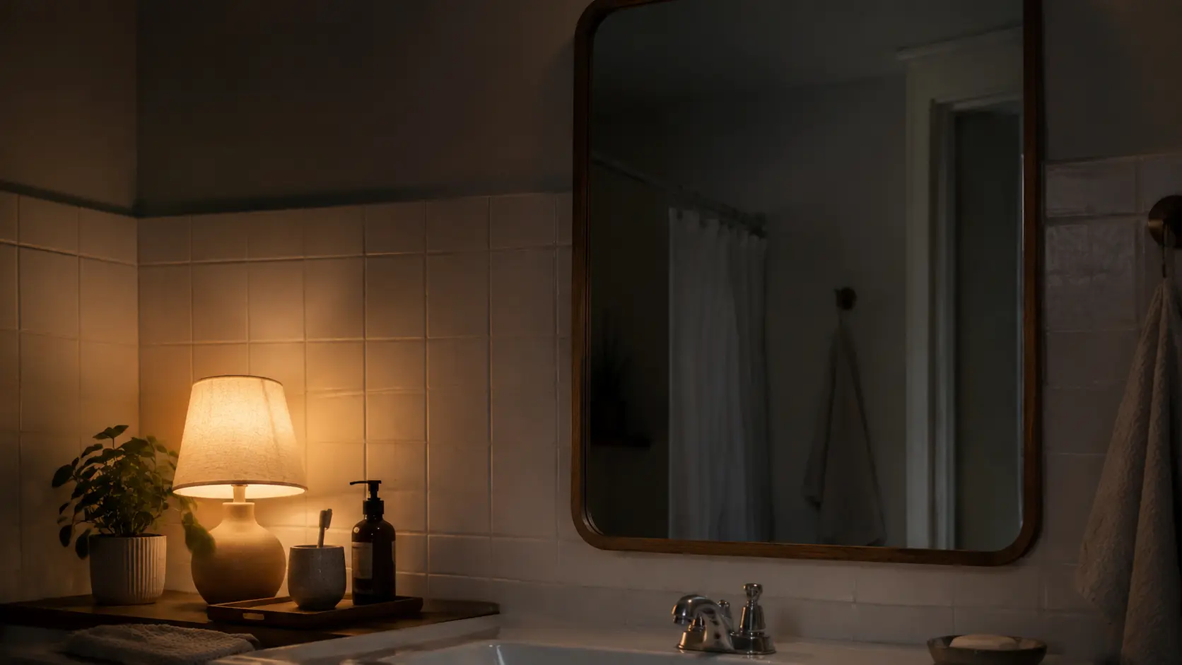 Espejo de baño iluminado por una lámpara cálida en un ambiente tranquilo y penumbroso