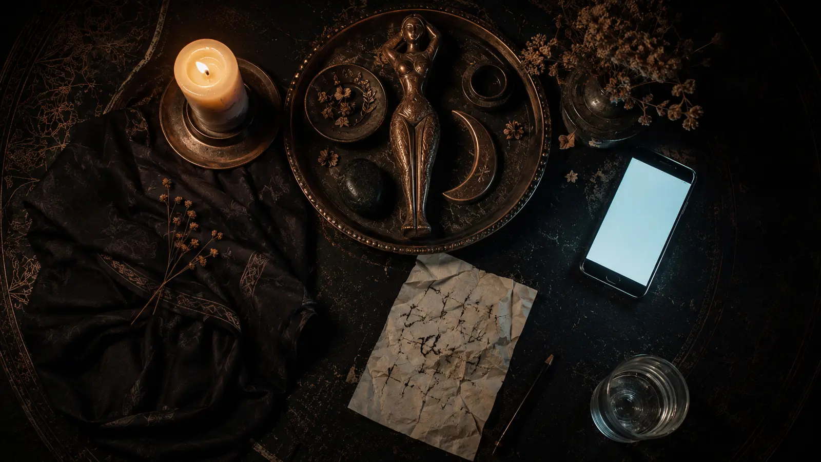 Altar ritual descuidado con vela cerca de tela y teléfono encendido como advertencia de errores comunes.