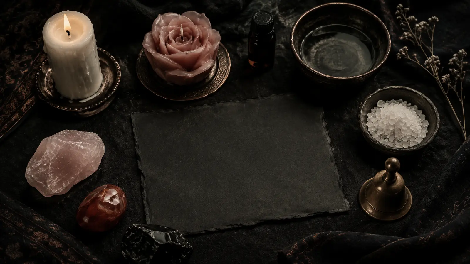 Velas, aceite, cristales, sal y campana preparados como herramientas para rituales eróticos.