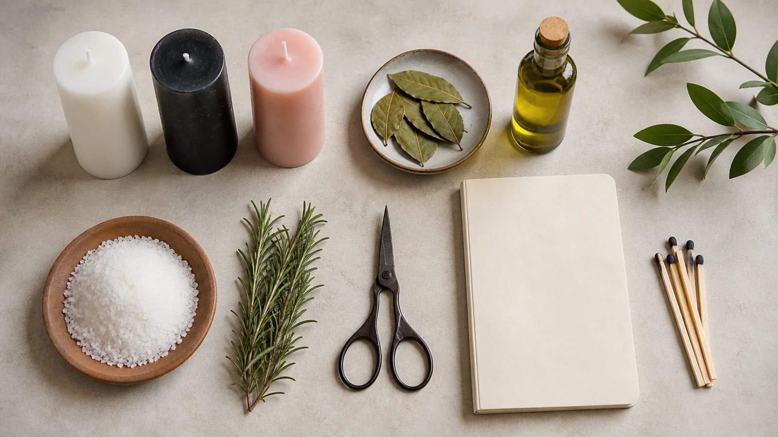 Kit básico para rituales de desapego con velas, sal, romero, laurel, tijeras y cuaderno.