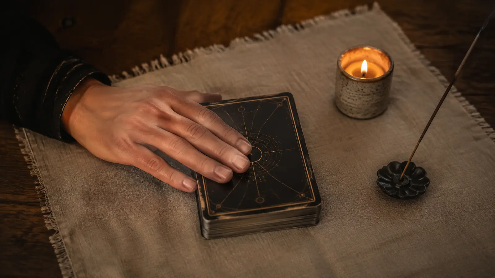 Mano sobre un mazo de cartas de tarot junto a una vela encendida e incienso sobre tela de lino