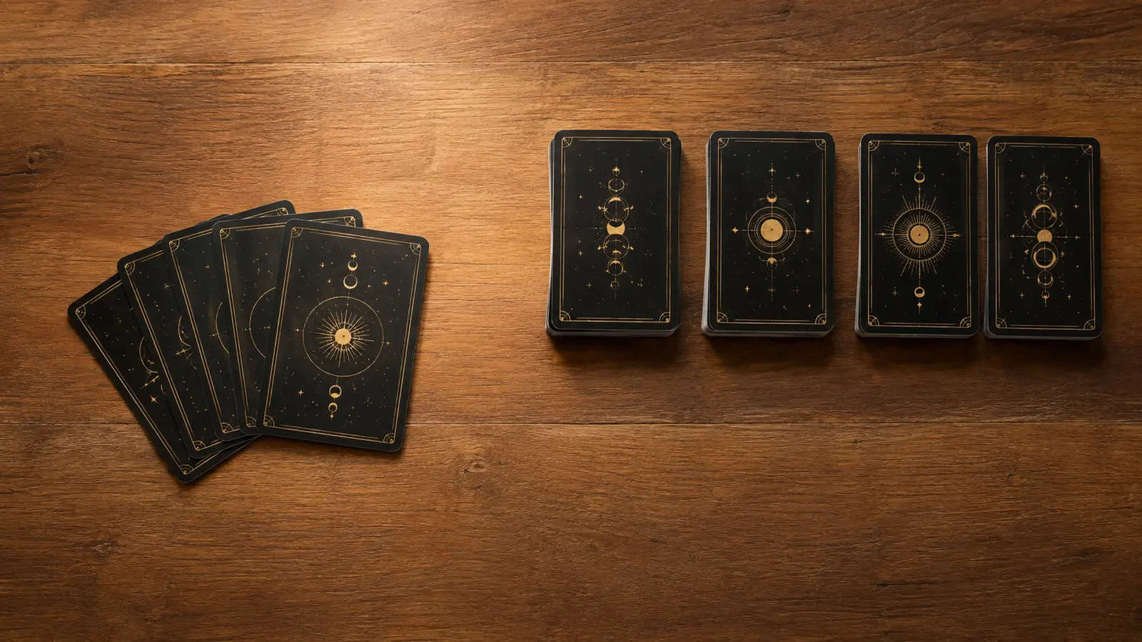 Cartas de tarot con reversos dorados de diseño celestial, algunas en abanico y otras apiladas sobre una mesa de madera