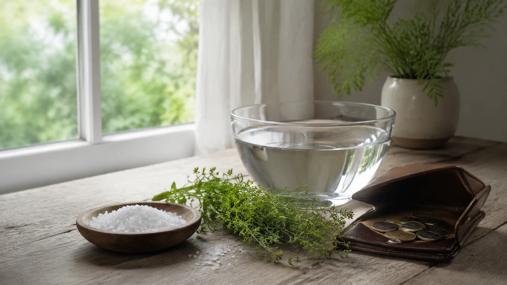Cuenco con agua, sal, ruda y billetera abierta durante una limpieza energética para cortar una mala racha.