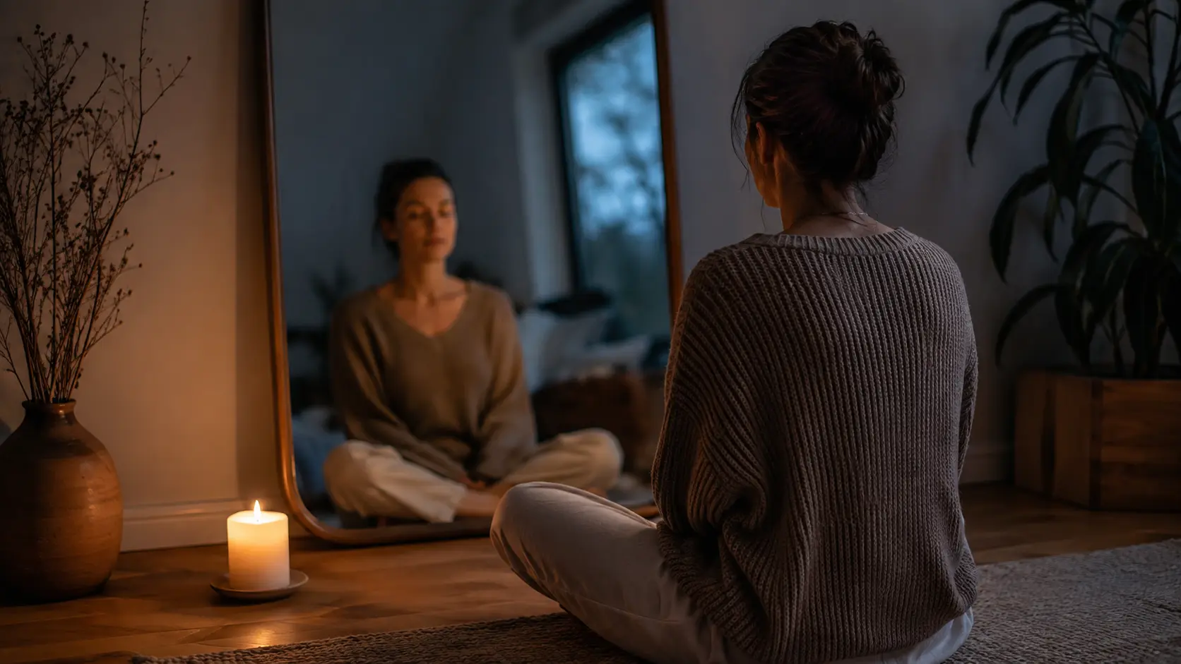 Mujer sentada en posición de meditación frente a su reflejo en el espejo junto a una vela encendida