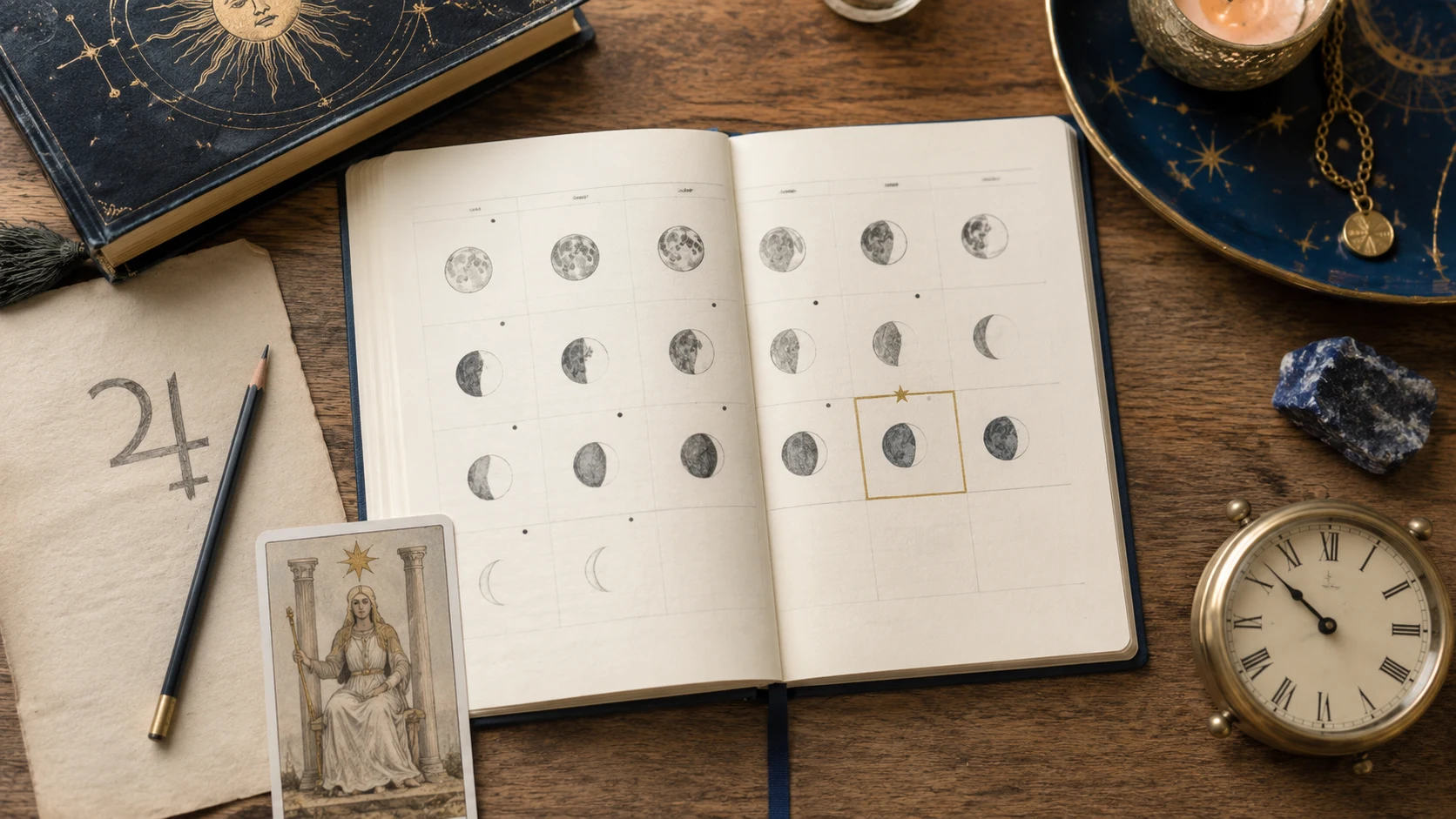 Calendario lunar con jueves marcado, símbolo de Júpiter, carta de tarot y reloj sobre una mesa.