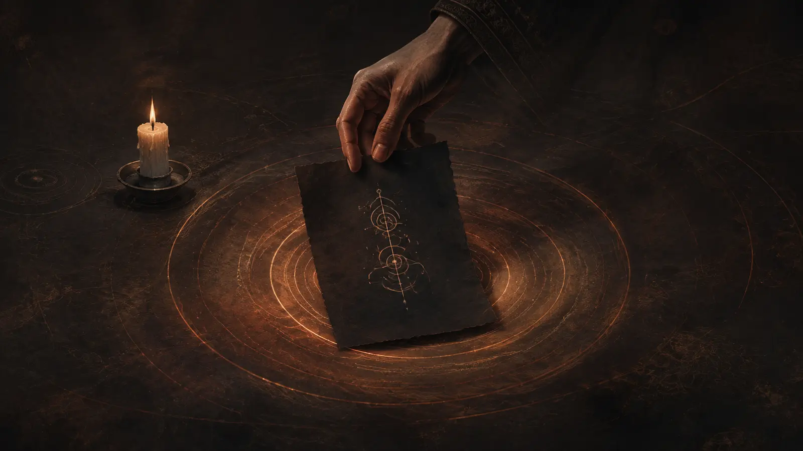 Sigilo ritual en papel oscuro con luz circular para un ritual de manifestación erótica.