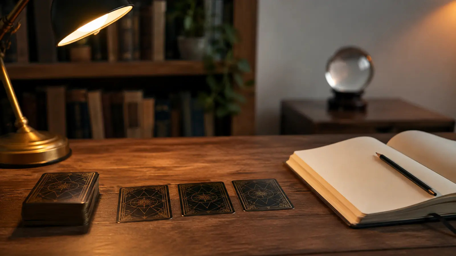 Mesa con varios mazos de cartas de tarot en fila, cuaderno abierto, lámpara encendida y bola de cristal en un espacio de lectura