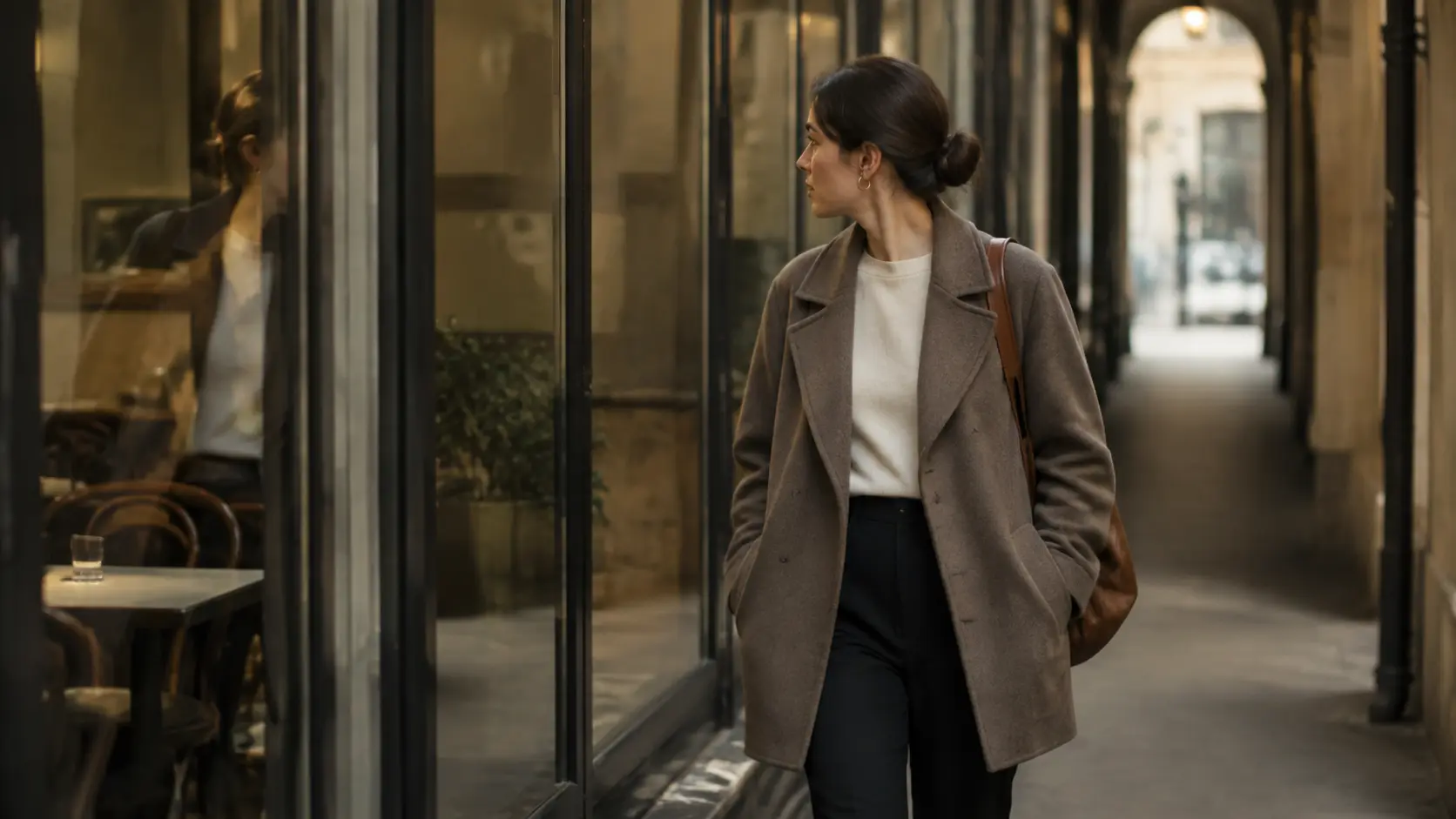 Mujer caminando por una calle con su reflejo visible en las vitrinas de vidrio de los edificios