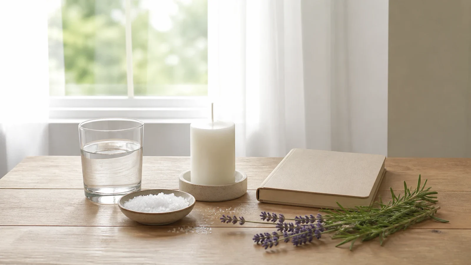 Mesa limpia con agua, sal, vela blanca y cuaderno para preparar un amarre amoroso con calma.