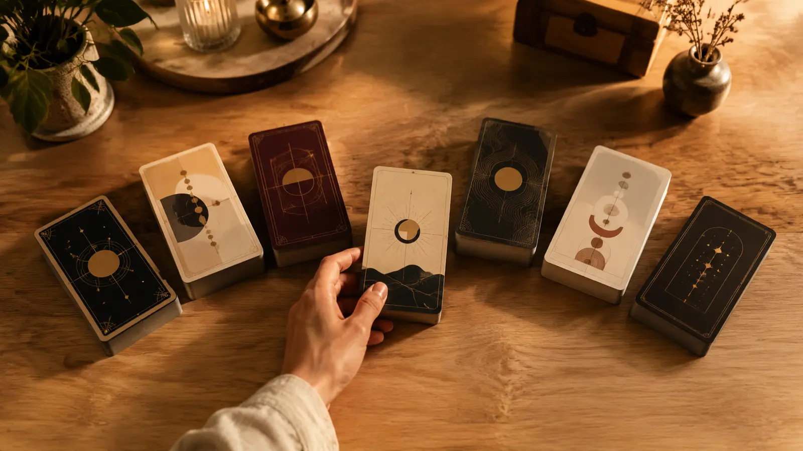 Mano eligiendo entre varias cajas de mazos de tarot con distintos diseños sobre una mesa de madera