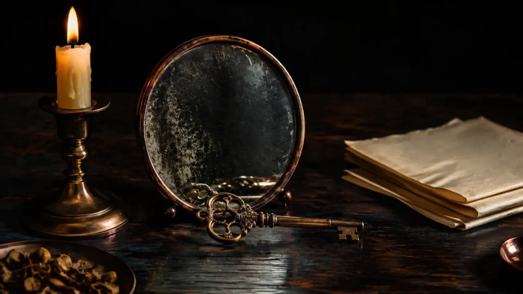 Llave antigua reflejada en un espejo pequeño y deslustrado, junto a un papel doblado y una vela, sobre fondo oscuro.