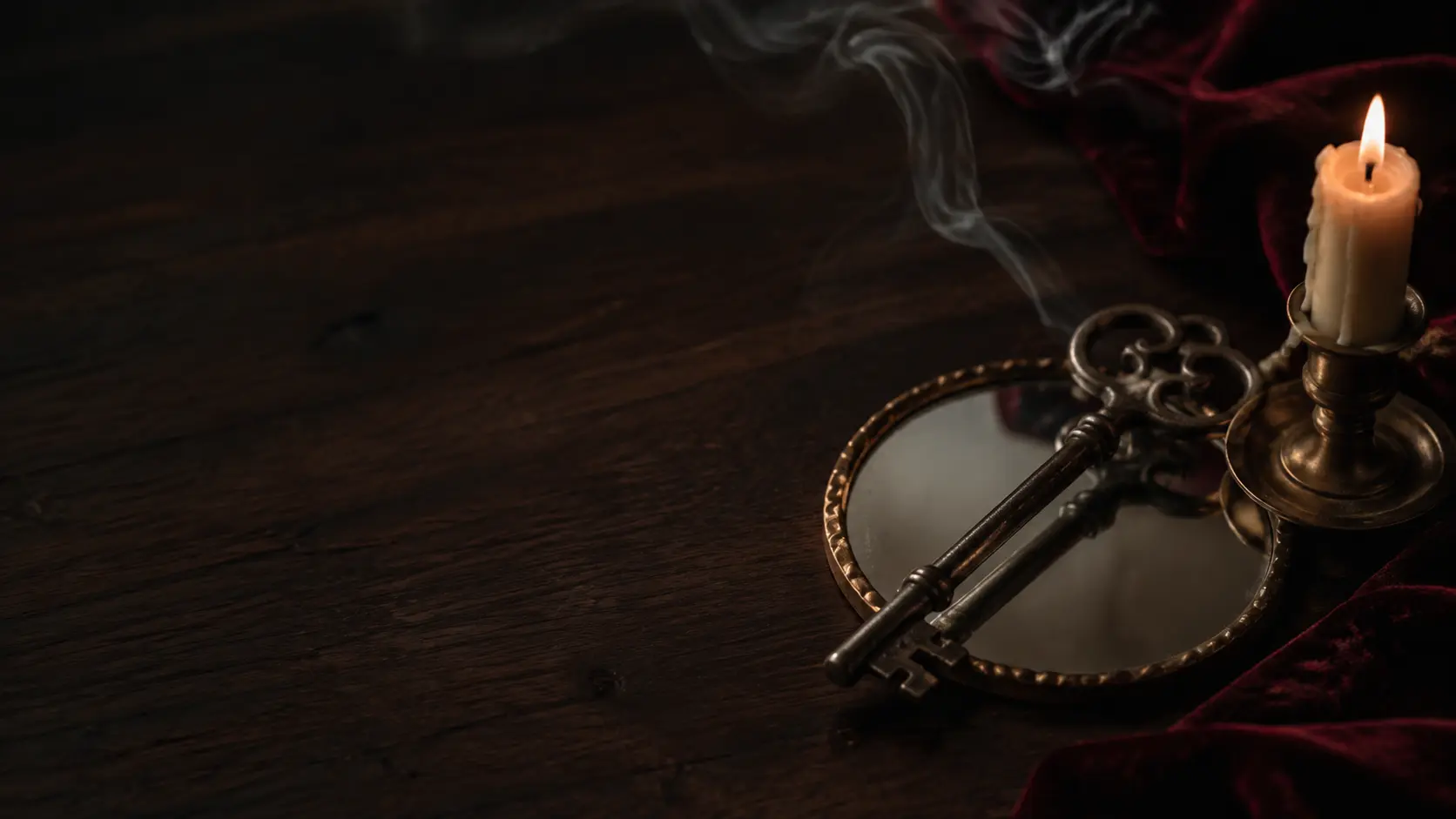 Llave antigua sobre un espejo pequeño y madera de nogal oscura, junto a una vela encendida y tela color borgoña.