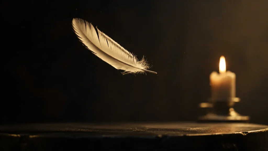 Una pluma suspendida en el aire sobre un altar oscuro, con la llama de una vela desenfocada al fondo.