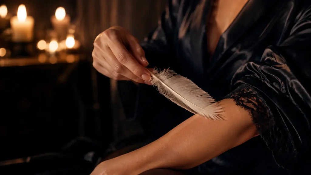 Una mano acaricia lentamente el antebrazo opuesto con una pluma marfil, con mangas de seda oscura al fondo.