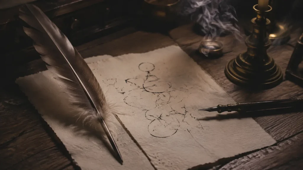 Pluma de escribir antigua junto a una página abierta con líneas manuscritas abstractas, sobre un escritorio de nogal oscuro.