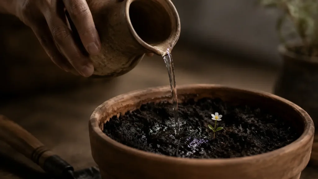 Una mano vertiendo agua ritual sobre la tierra oscura de una maceta de terracota, con una flor blanca apenas visible.