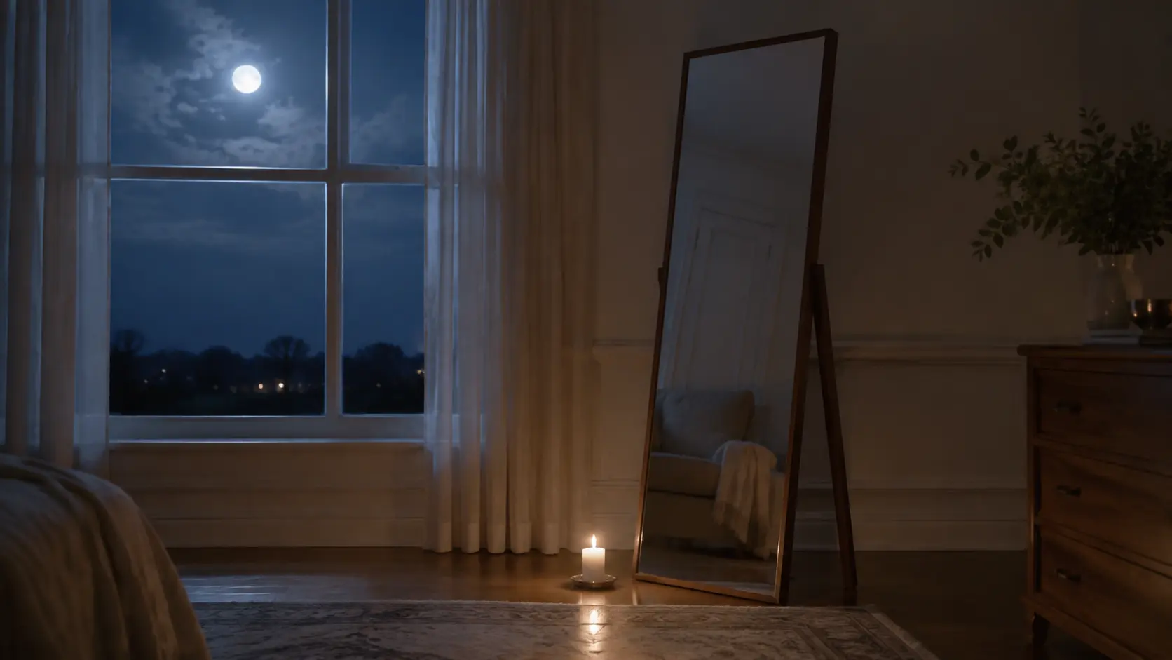 Espejo de pie junto a una ventana con luna llena visible y una vela encendida en un ambiente nocturno