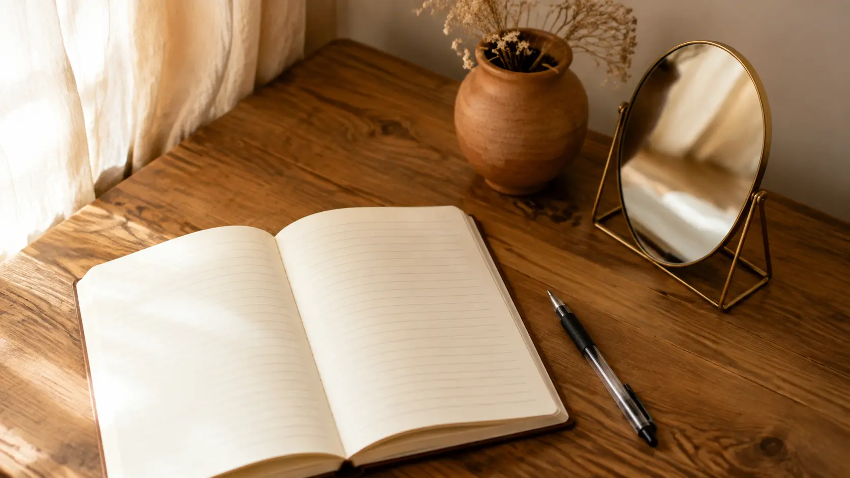 Cuaderno abierto con una pluma junto a un espejo redondo y un jarrón con flores secas sobre una mesa de madera