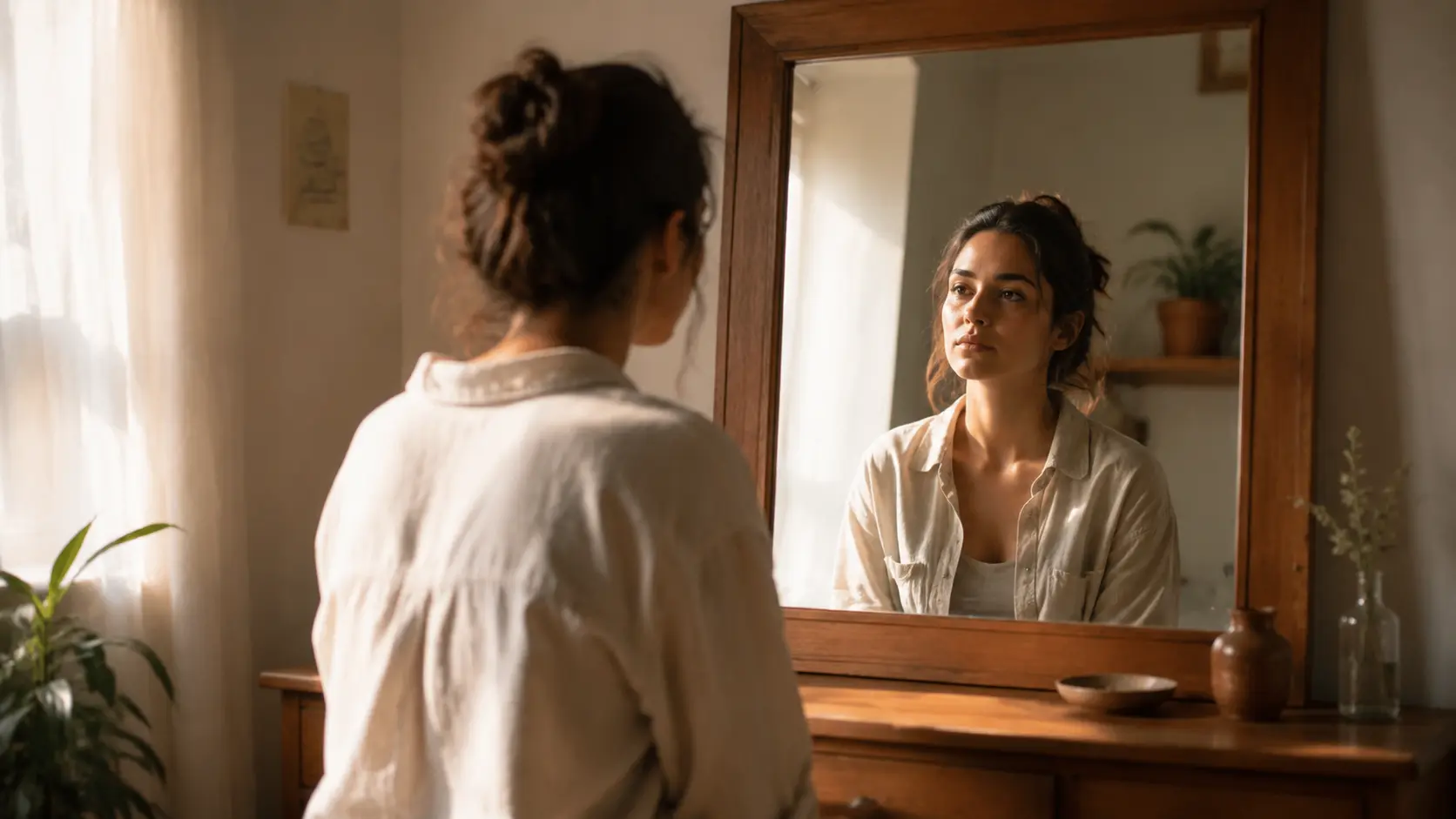 Mujer mirándose en un espejo antiguo de madera con luz suave de ventana y una planta al lado