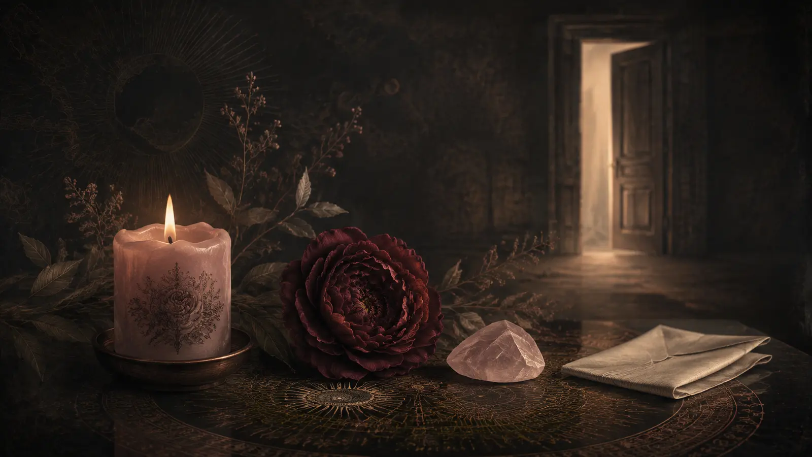 Vela rosada, flor y cuarzo rosa en un ritual erótico de atracción amorosa sin manipulación.