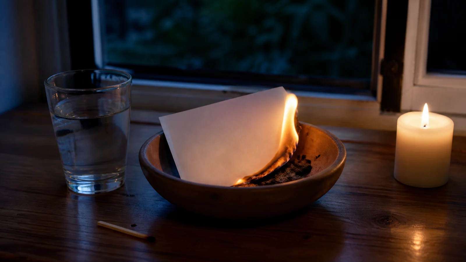 Carta quemándose de forma segura en un recipiente resistente junto a una vela blanca y un vaso de agua.